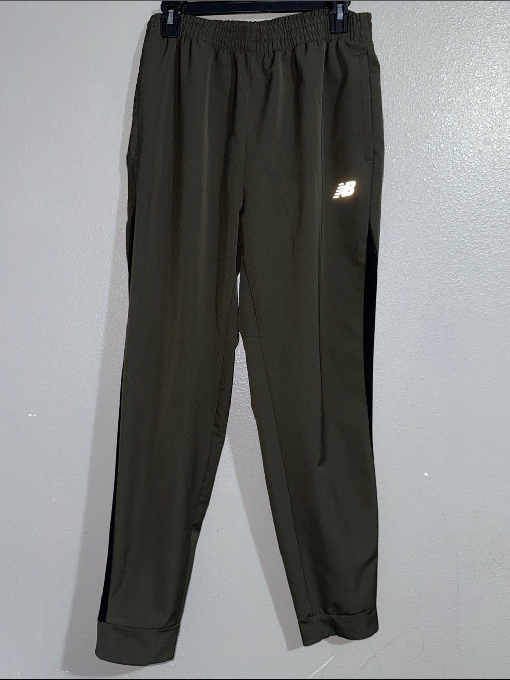 New Balance Olive Green Track Pants with Black Side Stripes